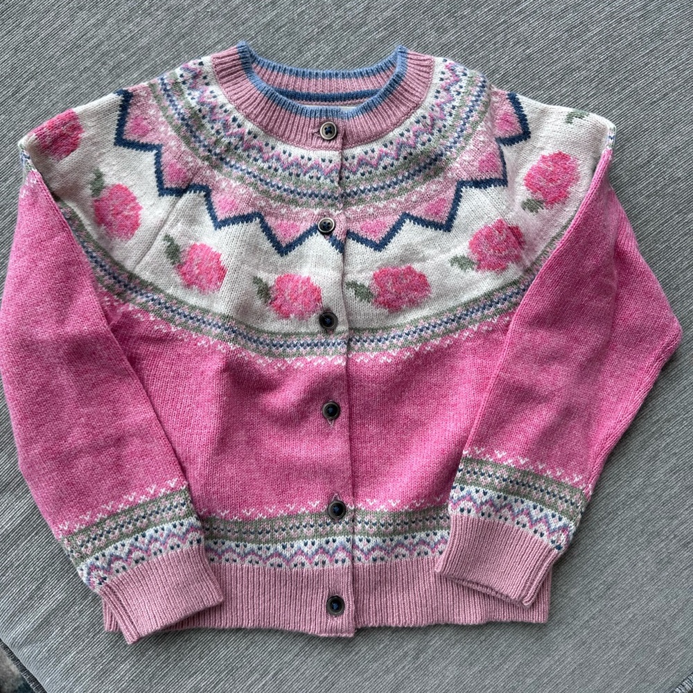 BNWT Mini Boden Pink Heart and Flower Fair Isle Cardigan Sweater